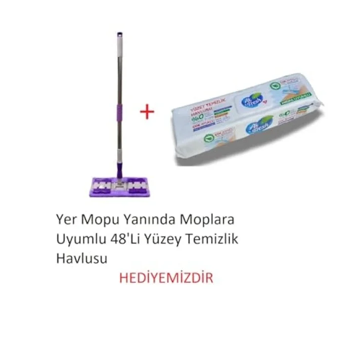 Teleskopik Yer Mopu (Mor) +Yüzey 48li Temizlik Bezi Hediyeli