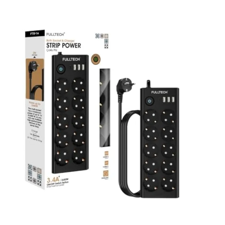 Termal Akım Korumalı, 10lu Priz Soketi, Isıya Dayanıklı Yapı, 10x Priz, 3x Usb, 1x Type-C Girişi, Çocuk Korumalı Çoğaltıcı, 2 Metre Uzatma Kablosu (16A/3680W)
