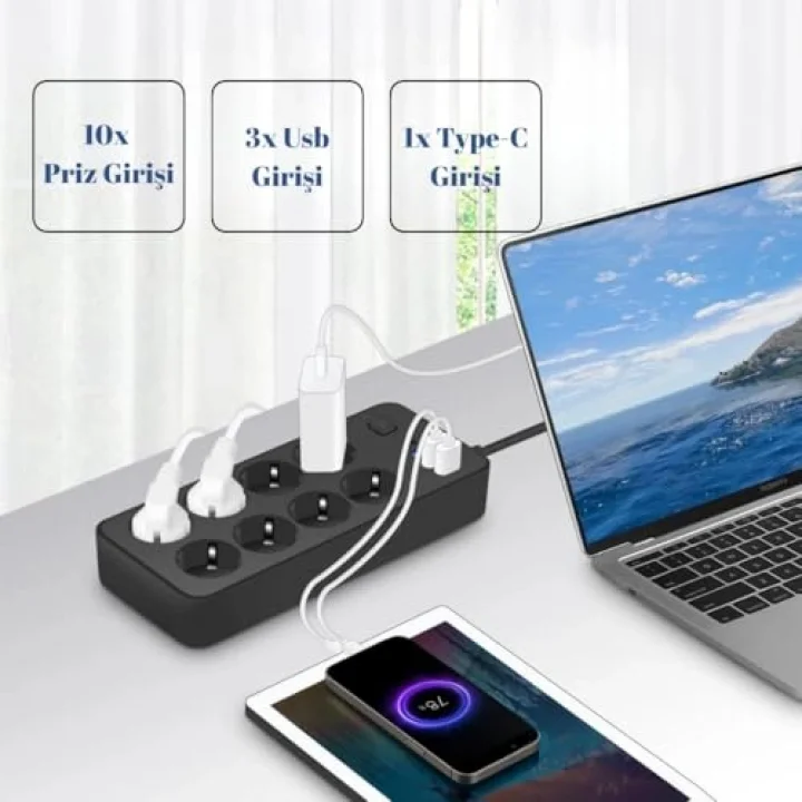 Termal Akım Korumalı, 10lu Priz Soketi, Isıya Dayanıklı Yapı, 10x Priz, 3x Usb, 1x Type-C Girişi, Çocuk Korumalı Çoğaltıcı, 2 Metre Uzatma Kablosu (16A/3680W)