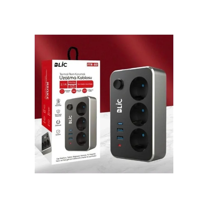 Termal Akım Korumalı 3lü Priz ve USB Şarj İstasyonu 2 USB, 1 Type-C