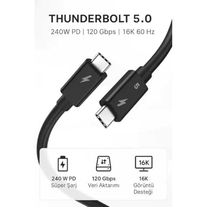 Thunderbolt 5.0 Type-C Kablo – 240W PD Hızlı Şarj, 120Gbps Veri Aktarımı, 16K 60Hz Görüntü Desteği, E-Marker Akıllı Çipli, Thunderbolt 3/4/USB4 Geriye Uyumluluklu Örgü Kablo | ZR1107
