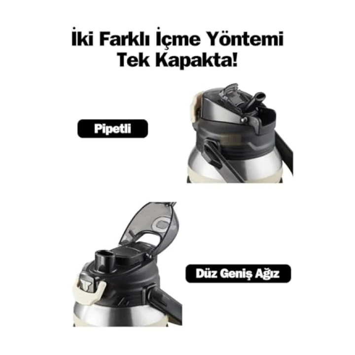TKK Mega Boy 1500ml Pipetli/Pipetsiz Kullanım Askılı Paslanmaz Çelik Termos Matara (Bej)