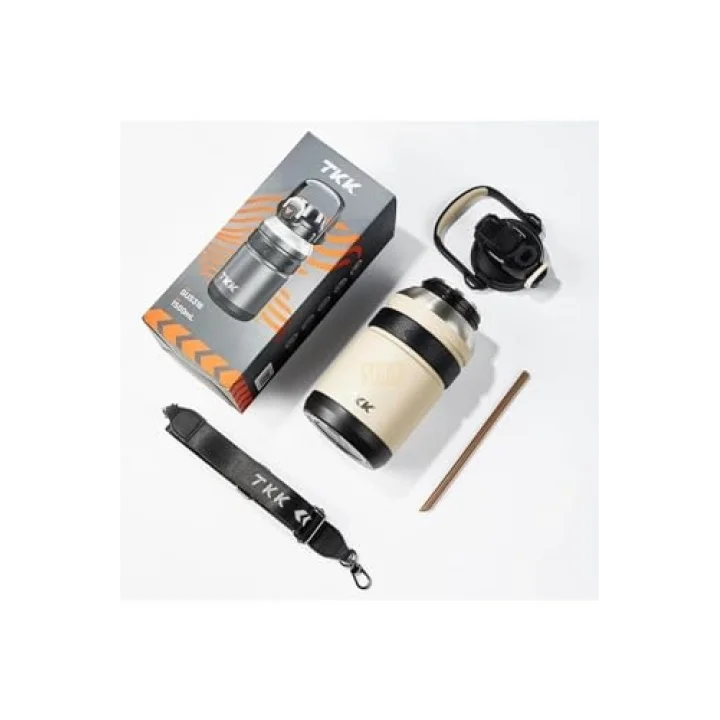 TKK Mega Boy 1500ml Pipetli/Pipetsiz Kullanım Askılı Paslanmaz Çelik Termos Matara (Bej)