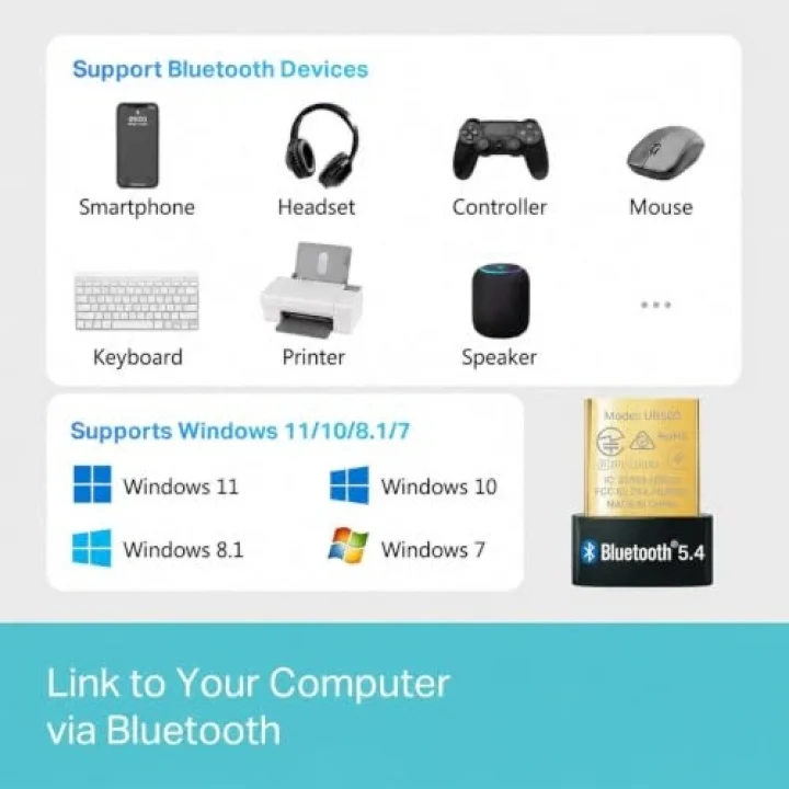 TP-Lınk UB500 Bluetooth 5.4 Nano USB Adaptör, PC Notebook Laptop İçin Mini Bluetooth V5.4 Dongle, Kulaklık Hoparlör Klavye Mouse Gamepad Bağlantı Adaptörü, Windows 11/10/8.1/8/7 Uyumlu Tak Çalıştır