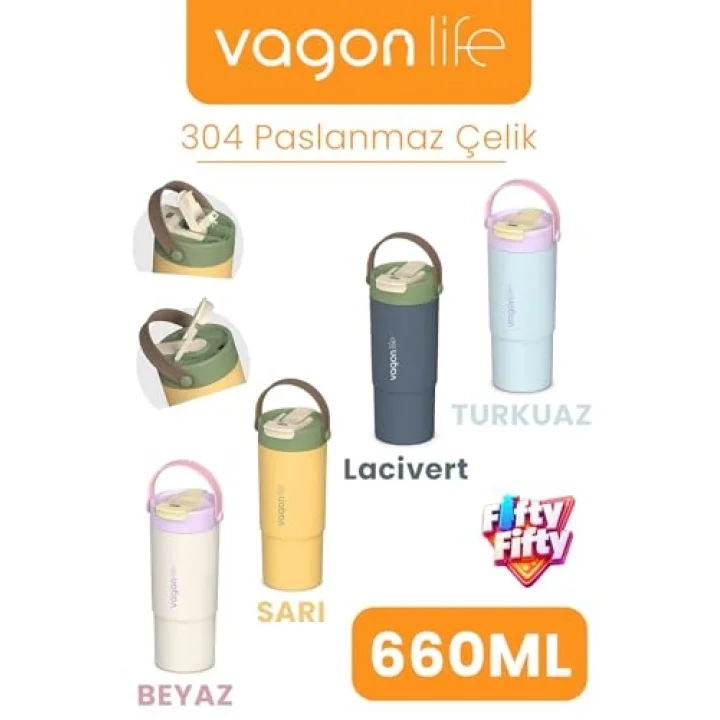 Tumbler Mug 660 ML Tek Kapak Çift Kullanım Pipetli Rahat İçim Kulplu Paslanmaz Çelik Termos 1102-660ML Sarı