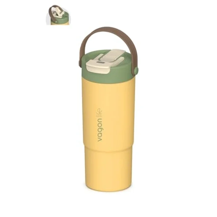 Tumbler Mug 660 ML Tek Kapak Çift Kullanım Pipetli Rahat İçim Kulplu Paslanmaz Çelik Termos 1102-660ML Sarı