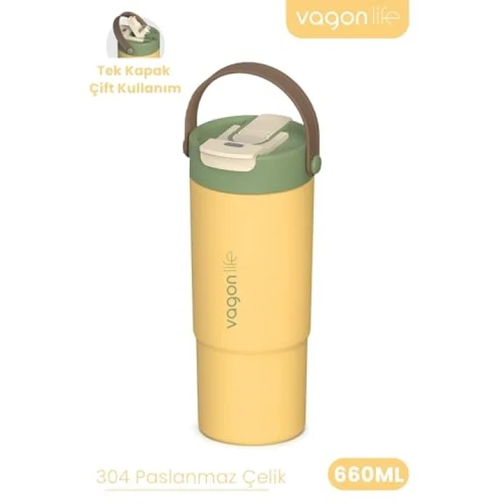 Tumbler Mug 660 ML Tek Kapak Çift Kullanım Pipetli Rahat İçim Kulplu Paslanmaz Çelik Termos 1102-660ML Sarı