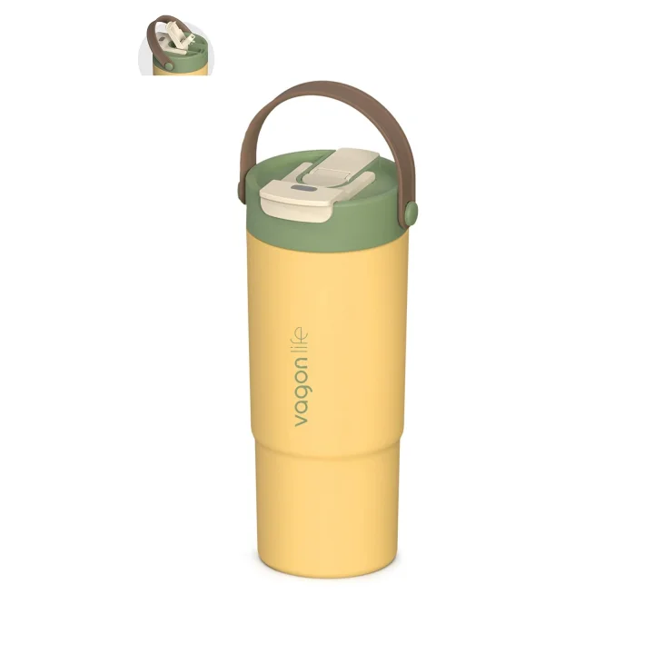 Tumbler Mug 660 ML Tek Kapak Çift Kullanım Pipetli Rahat İçim Kulplu Paslanmaz Çelik Termos 1102-660ML Sarı