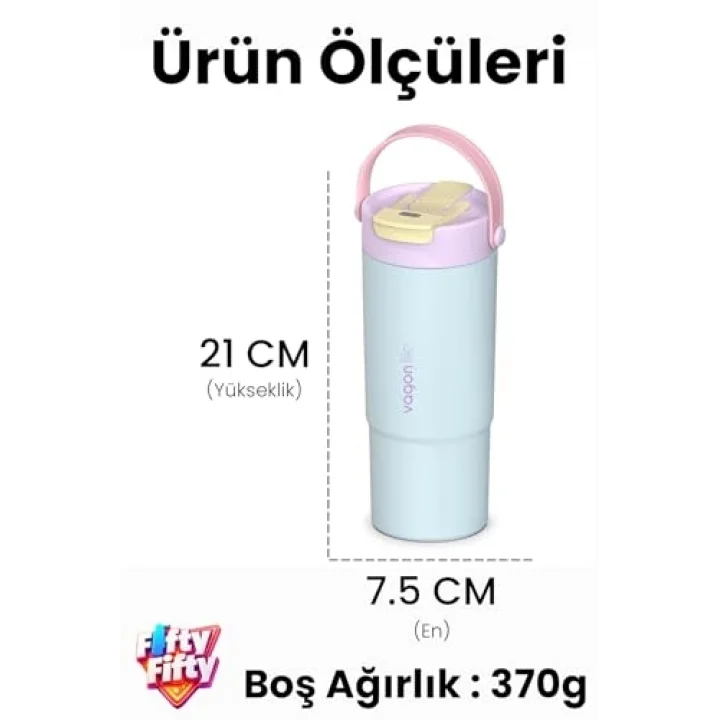 Tumbler Mug 660 ML Tek Kapak Çift Kullanım Pipetli Rahat İçim Kulplu Paslanmaz Çelik Termos 1102-660ML Sarı