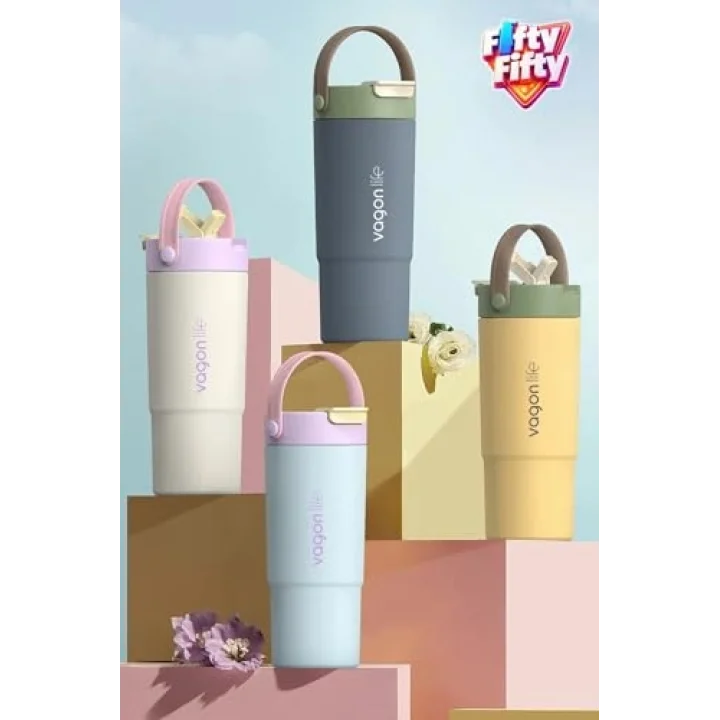 Tumbler Mug 660 ML Tek Kapak Çift Kullanım Pipetli Rahat İçim Kulplu Paslanmaz Çelik Termos 1102-660ML Sarı