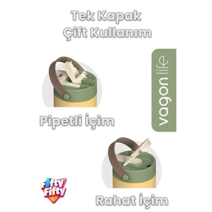 Tumbler Mug 660 ML Tek Kapak Çift Kullanım Pipetli Rahat İçim Kulplu Paslanmaz Çelik Termos 1102-660ML Sarı