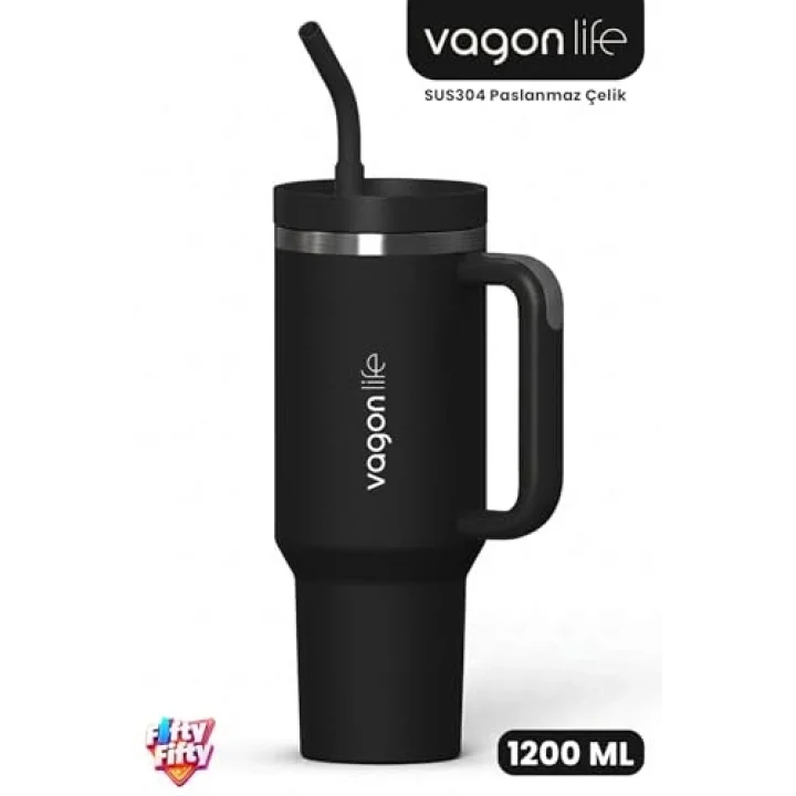 Tumbler Quencher Cup 1200 ML Pipetli Rahat İçim Kulplu SUS304 Paslanmaz Çelik 1.2L Termos 1103-1200ML Siyah