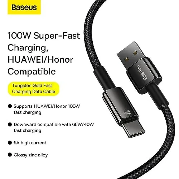 Tungsten Gold Hızlı Şarj Kablosu USB to Type-C 100W, 1m, Siyah