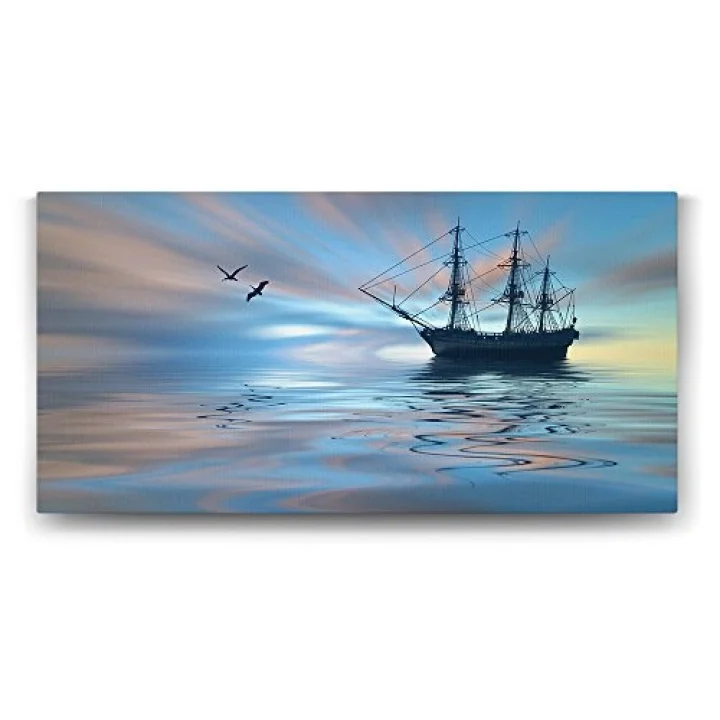 Turkuaz Yansımalar ve Gemi Tablosu - 160x80cm