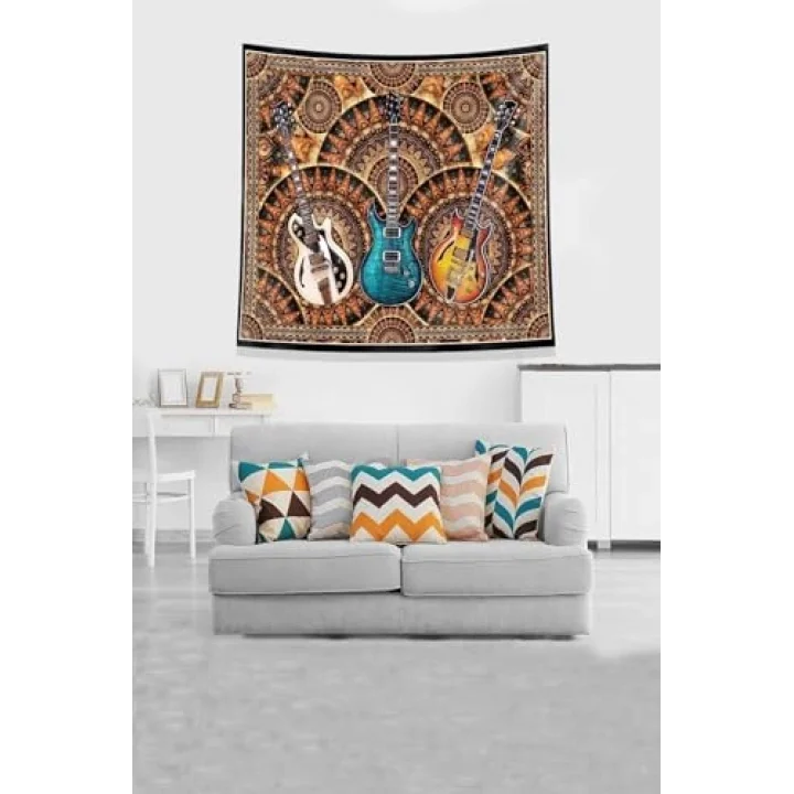 Turuncu 3 Gitar Leke Tutmaz Kadife Kumaş Duvar Örtüsü Duvar Halısı Tapestry KWLL331, 35 x 50