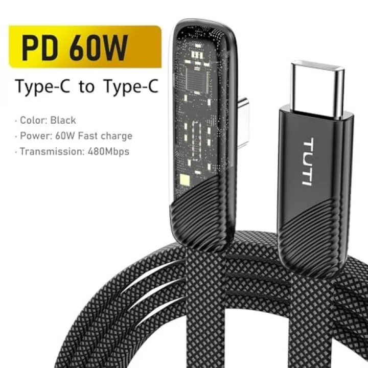 Tuti Süper Hızlı 60W PD Type-C Şarj ve Data Kablosu - Dayanıklı Örgülü Tasarım Vertical Yatay Kablo 130cm
