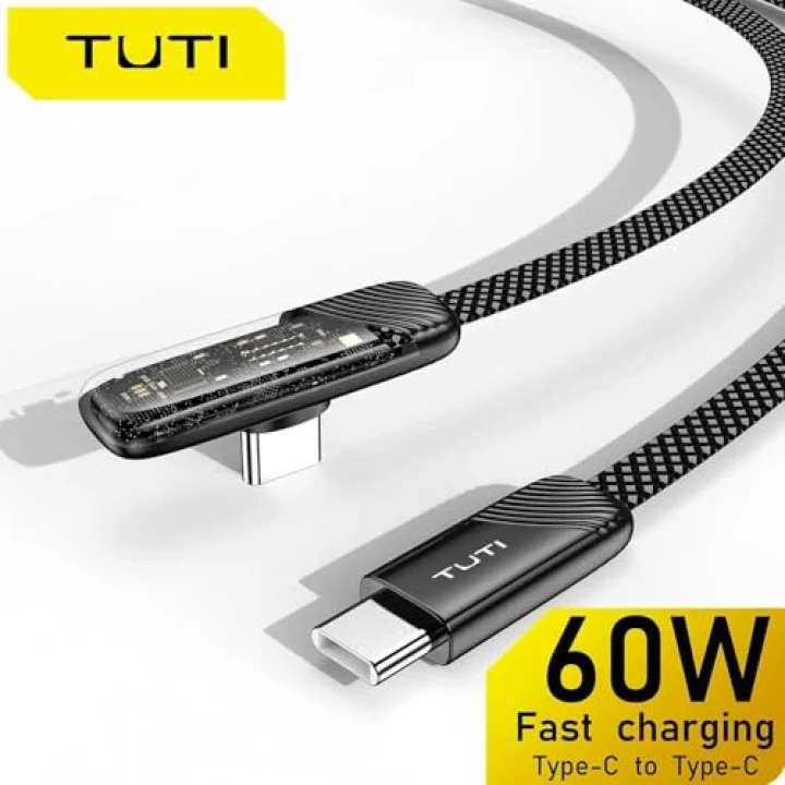 Tuti Süper Hızlı 60W PD Type-C Şarj ve Data Kablosu - Dayanıklı Örgülü Tasarım Vertical Yatay Kablo 130cm