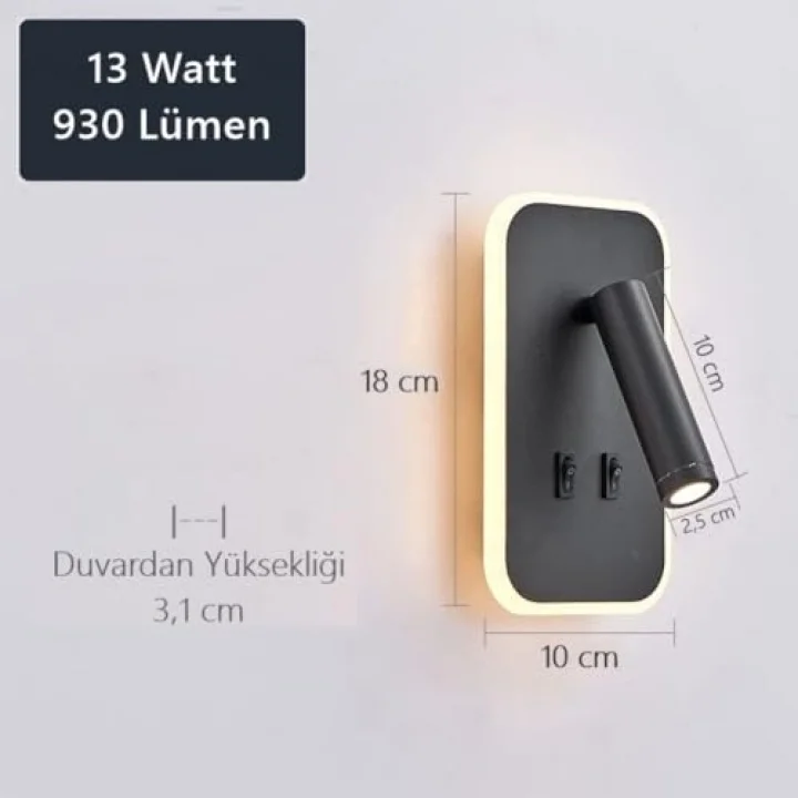 Tuvalu Dekoratif Yatak Başı Lambası Cata13 Watt Gün Işığı Çift Kademeli Baş Ucu Kitap Okuma Lambası Led Aplik Gece Lambası Siyah