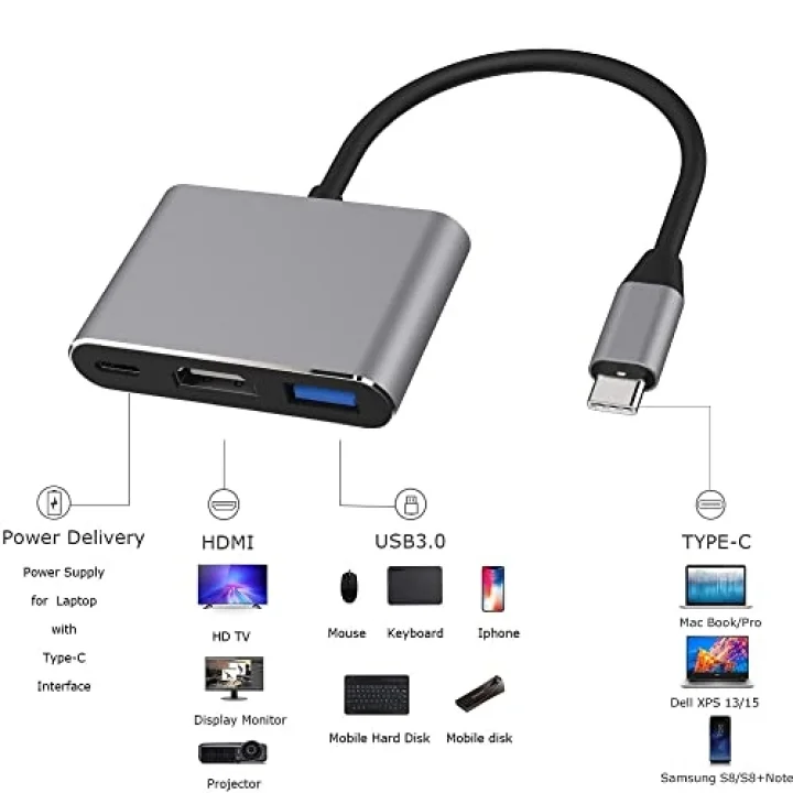 Type-c 3in1 Hdmi 4K Usb 3.0 Görüntü Veri Aktarımı Sağlar Usb Adaptör Notebook ve Macbook ile Uyumlu TC-23