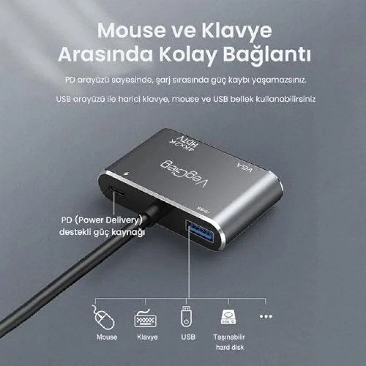 Type-C 4K HDMI 1080P VGA USB 3.0 PD Dönüştürücü Çevirici Hub