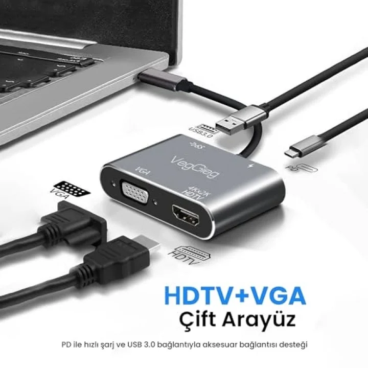 Type-C 4K HDMI 1080P VGA USB 3.0 PD Dönüştürücü Çevirici Hub