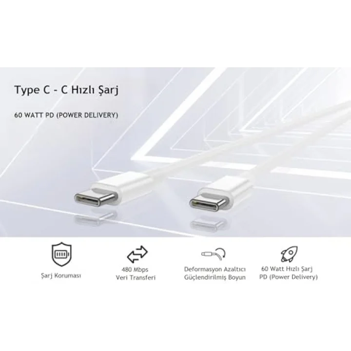 Type C-C Hızlı Şarj Kablosu, 60Watt PD, 1Metre, TPE Dış Yüzey, iPhone 15/16 ve Android İçin (1Ad x 1Metre Açık Gri)