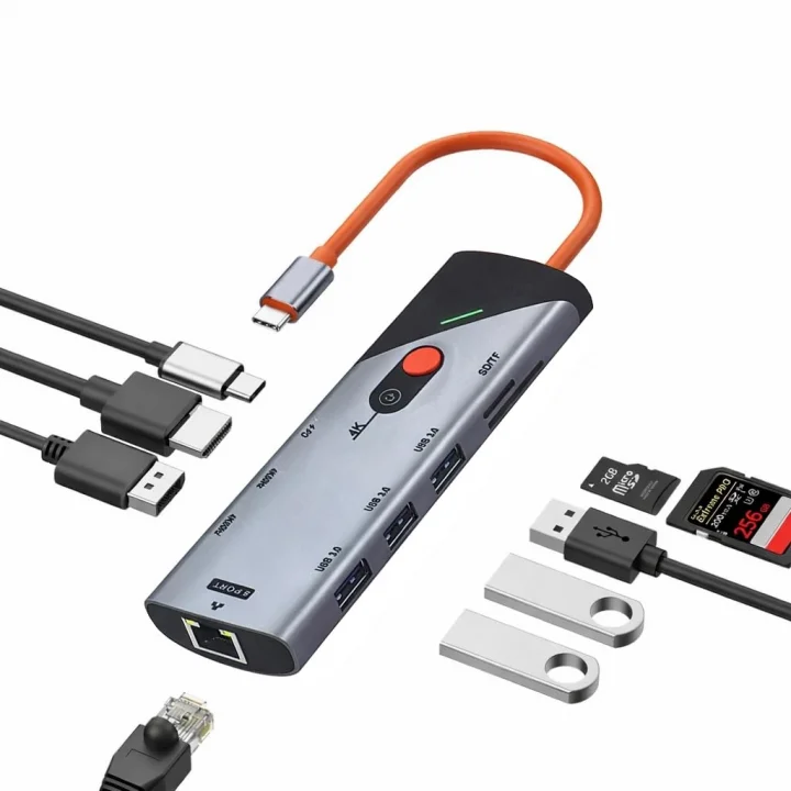 Type-C Docking Station 9 in 1 Çoklayıcı Hub DP ve HDTV 4K 60Hz Görüntü Aktarımı 1000Mbps Ethernet USB 3.0 Port SD TF Kart Okuyucu PD Destekli Çoklu Bağlantı Adaptörü | ZR1253