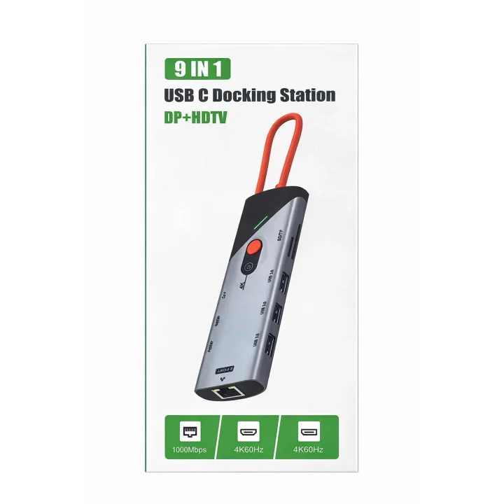 Type-C Docking Station 9 in 1 Çoklayıcı Hub DP ve HDTV 4K 60Hz Görüntü Aktarımı 1000Mbps Ethernet USB 3.0 Port SD TF Kart Okuyucu PD Destekli Çoklu Bağlantı Adaptörü | ZR1253