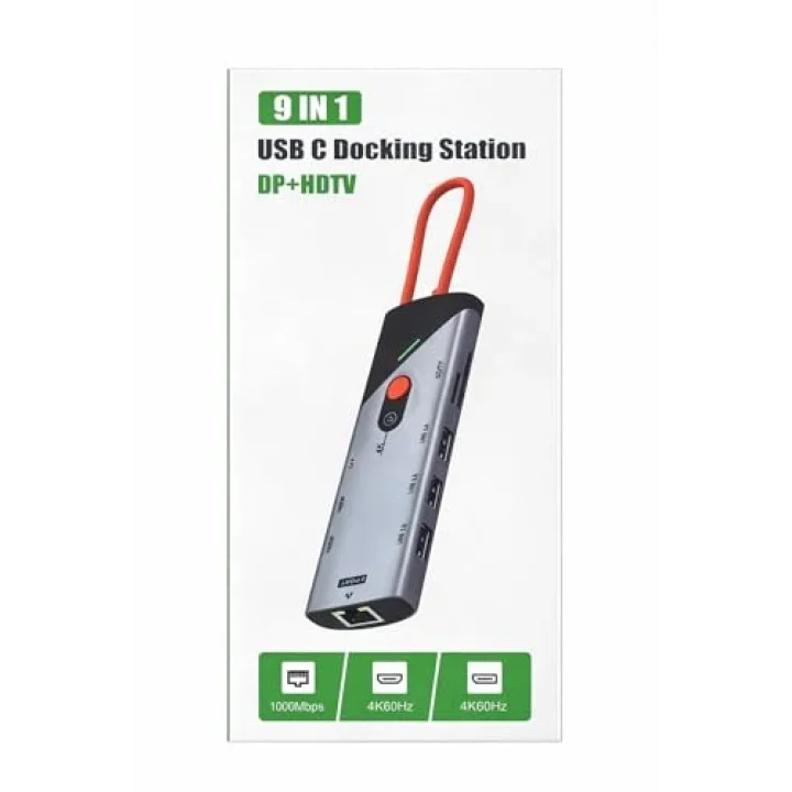 Type-C Docking Station 9 in 1 Çoklayıcı Hub DP ve HDTV 4K 60Hz Görüntü Aktarımı 1000Mbps Ethernet USB 3.0 Port SD TF Kart Okuyucu PD Destekli Çoklu Bağlantı Adaptörü | ZR1253
