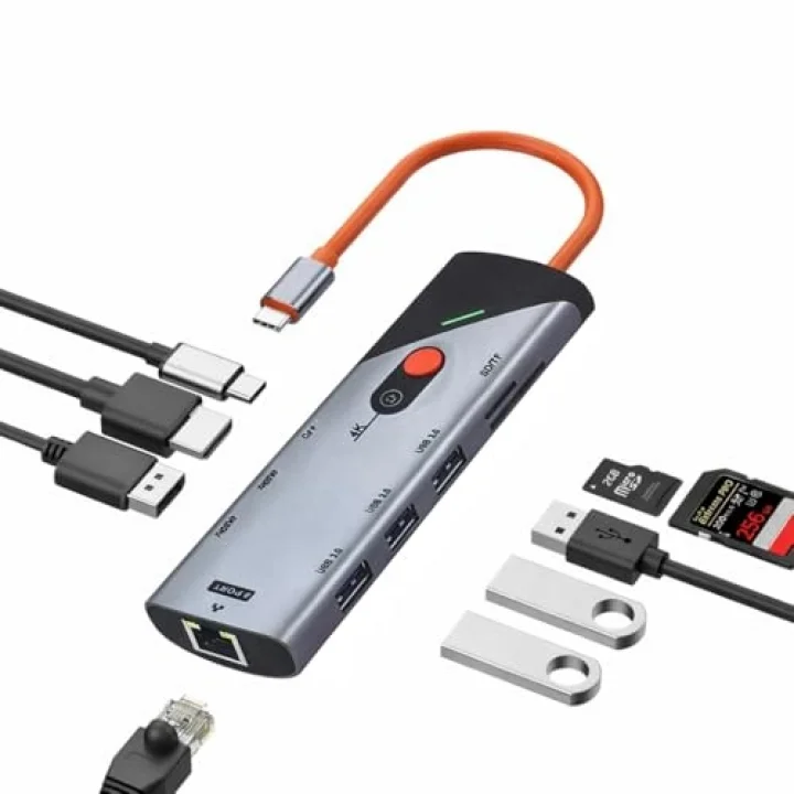 Type-C Docking Station 9 in 1 Çoklayıcı Hub DP ve HDTV 4K 60Hz Görüntü Aktarımı 1000Mbps Ethernet USB 3.0 Port SD TF Kart Okuyucu PD Destekli Çoklu Bağlantı Adaptörü | ZR1253