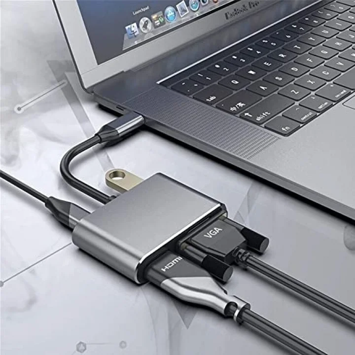Type-C Hdmi Vga Usb 3.0 Type 4in1 Video Dönüştürücü Veri Aktarıcı Usb Adaptör Notebook ve Macbook ile Uyumlu Gri TC-26