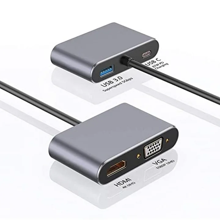 Type-C Hdmi Vga Usb 3.0 Type 4in1 Video Dönüştürücü Veri Aktarıcı Usb Adaptör Notebook ve Macbook ile Uyumlu Gri TC-26