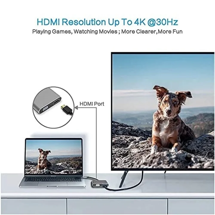 Type-C Hdmi Vga Usb 3.0 Type 4in1 Video Dönüştürücü Veri Aktarıcı Usb Adaptör Notebook ve Macbook ile Uyumlu Gri TC-26