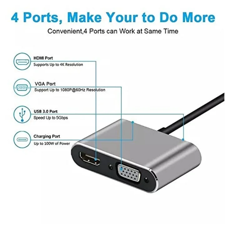 Type-C Hdmi Vga Usb 3.0 Type 4in1 Video Dönüştürücü Veri Aktarıcı Usb Adaptör Notebook ve Macbook ile Uyumlu Gri TC-26