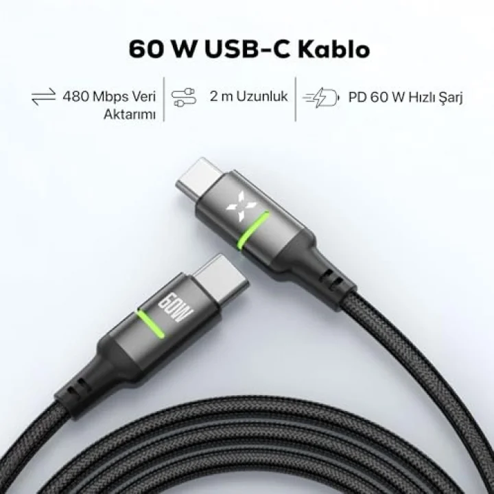 Type C Hızlı Şarj Kablosu | Type-C to Type-C 60W 480 Mpbs 2m PD Örgü Led Göstergeli X6422