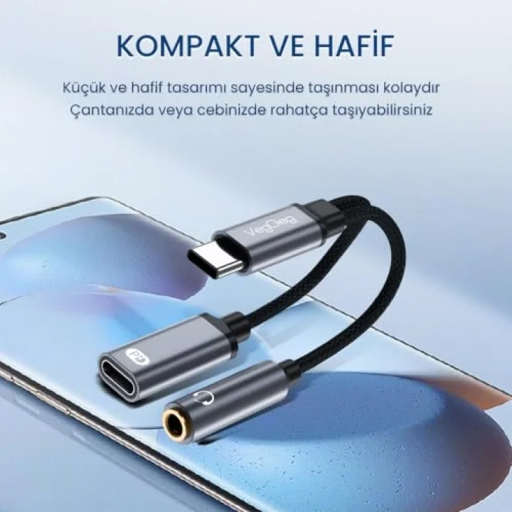 Type-C to 3.5mm Kulaklık ve Type-C Şarj Dönüştürücü Adaptör