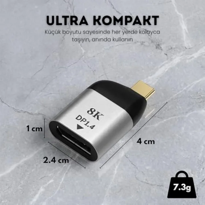 Type-C to DisplayPort 1.4 Çevirici Mini Adaptör - 8Kya Kadar Destek - USB-Cden DP Görüntü Dönüştürücü - Alüminyum Gövde - Laptop Tablet Telefon Uyumlu - Tak Çalıştır