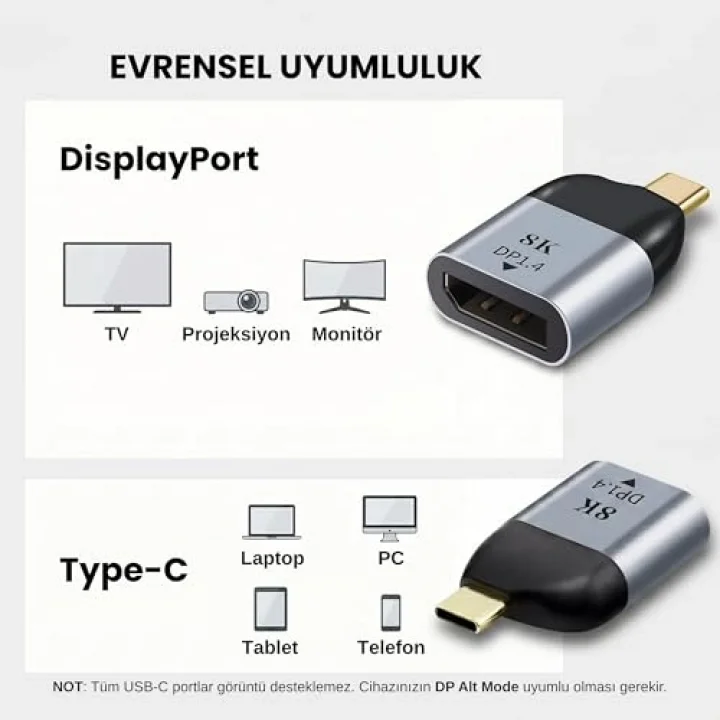 Type-C to DisplayPort 1.4 Çevirici Mini Adaptör - 8Kya Kadar Destek - USB-Cden DP Görüntü Dönüştürücü - Alüminyum Gövde - Laptop Tablet Telefon Uyumlu - Tak Çalıştır