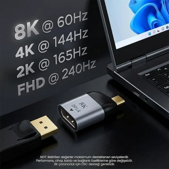 Type-C to DisplayPort 1.4 Çevirici Mini Adaptör - 8Kya Kadar Destek - USB-Cden DP Görüntü Dönüştürücü - Alüminyum Gövde - Laptop Tablet Telefon Uyumlu - Tak Çalıştır