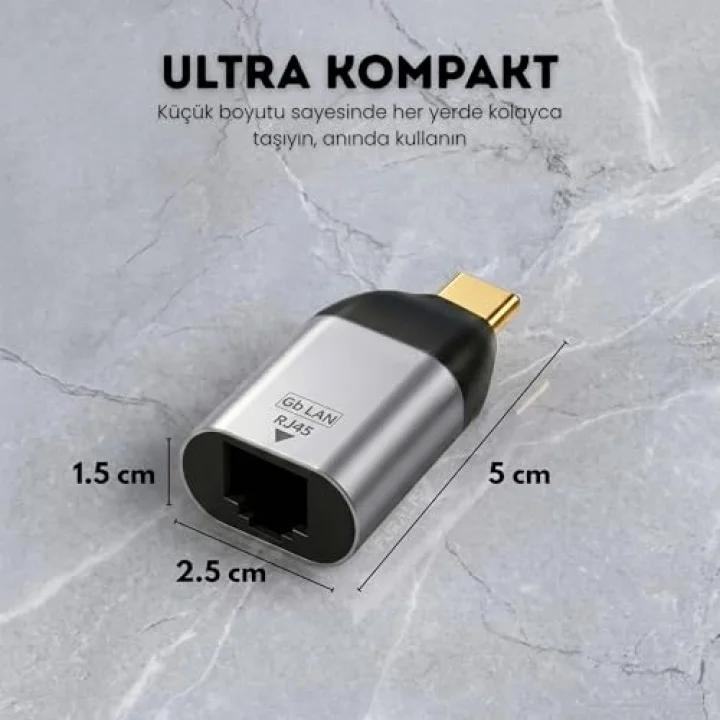 Type-C to Ethernet Çevirici Mini Adaptör - 1000 Mbpse Kadar Hız - USB-Cden RJ45 Gigabit LAN Dönüştürücü - Alüminyum Gövde - Windows/macOS/Linux Uyumlu - Tak Çalıştır