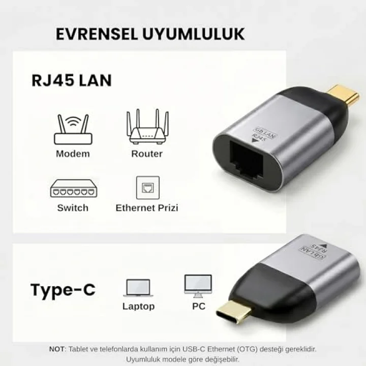 Type-C to Ethernet Çevirici Mini Adaptör - 1000 Mbpse Kadar Hız - USB-Cden RJ45 Gigabit LAN Dönüştürücü - Alüminyum Gövde - Windows/macOS/Linux Uyumlu - Tak Çalıştır