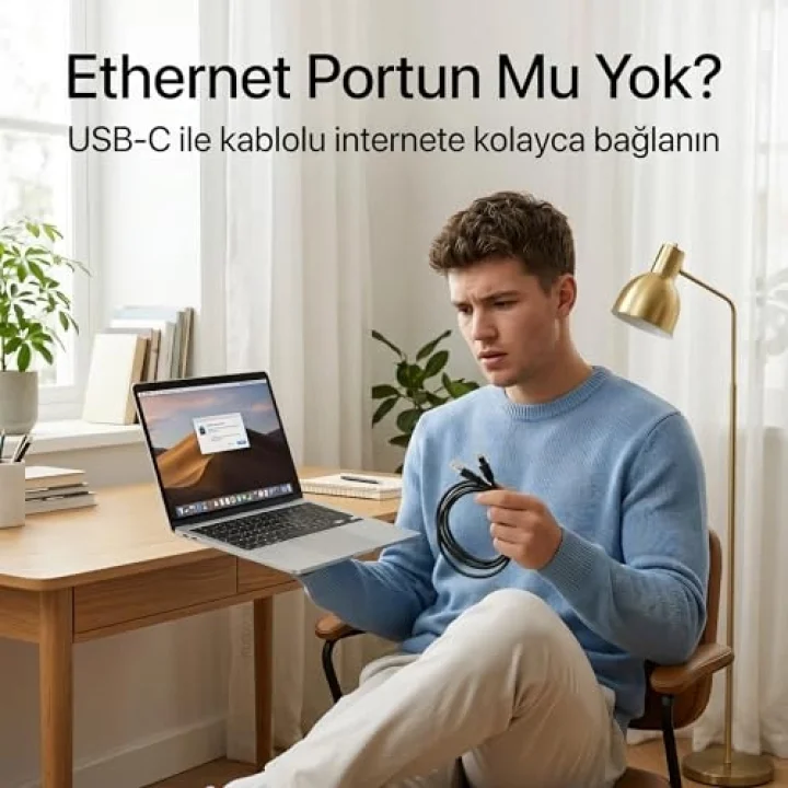 Type-C to Ethernet Çevirici Mini Adaptör - 1000 Mbpse Kadar Hız - USB-Cden RJ45 Gigabit LAN Dönüştürücü - Alüminyum Gövde - Windows/macOS/Linux Uyumlu - Tak Çalıştır