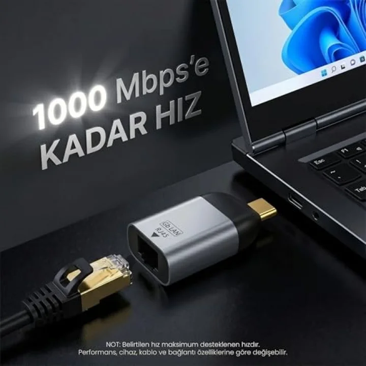 Type-C to Ethernet Çevirici Mini Adaptör - 1000 Mbpse Kadar Hız - USB-Cden RJ45 Gigabit LAN Dönüştürücü - Alüminyum Gövde - Windows/macOS/Linux Uyumlu - Tak Çalıştır