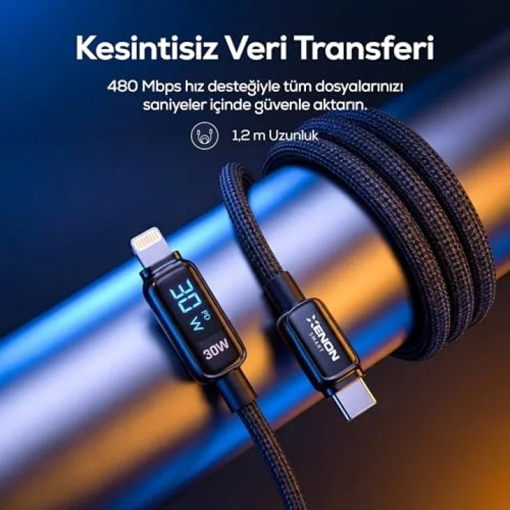 Type-C to Lightning iPhone Şarj Kablosu | 30W PD Hızlı Şarj 2m LED Örgü 480Mbps X6427