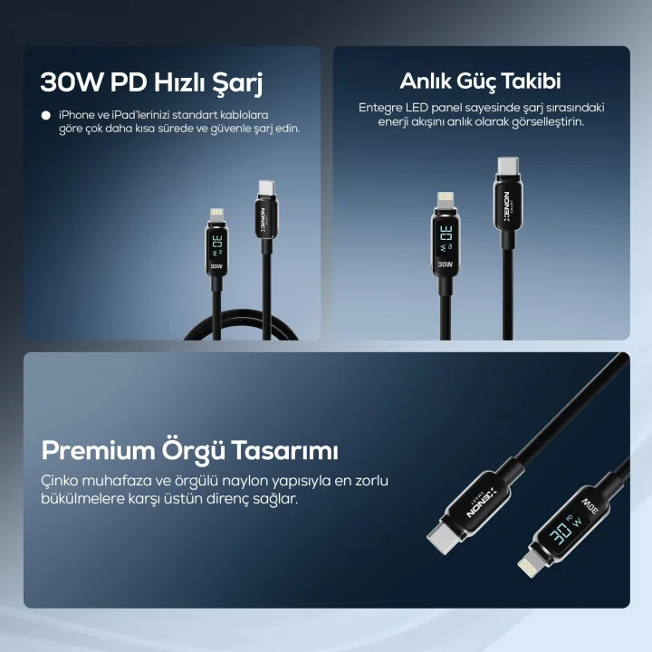 Type-C to Lightning iPhone Şarj Kablosu | 30W PD Hızlı Şarj 2m LED Örgü 480Mbps X6427