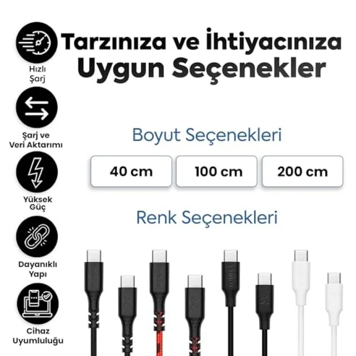 Type-C to Type-C ile Uyumlu iPhone ve Samsung ile Uyumlu Hızlı Şarj ve Data Kablosu 100 cm (Siyah)