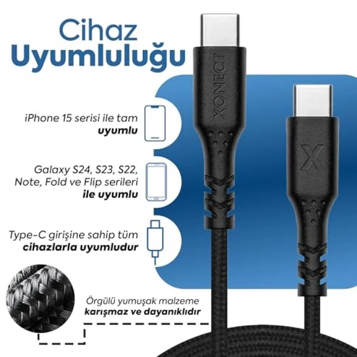 Type-C to Type-C ile Uyumlu iPhone ve Samsung ile Uyumlu Hızlı Şarj ve Data Kablosu 100 cm (Siyah)