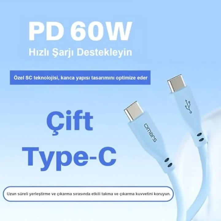 Type-C to Type-C Silikon PD Hızlı Şarj Kablosu Mavi