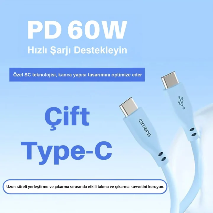 Type-C to Type-C Silikon PD Hızlı Şarj Kablosu Mavi
