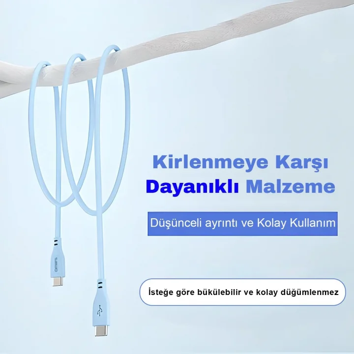 Type-C to Type-C Silikon PD Hızlı Şarj Kablosu Mavi